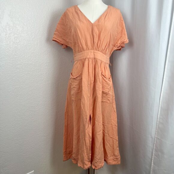 Madewell Dresses & Skirts - Madewell Midi Dress Womens 10 Pink/Orange Linen Blend Dolman Sheer Boho Cottage